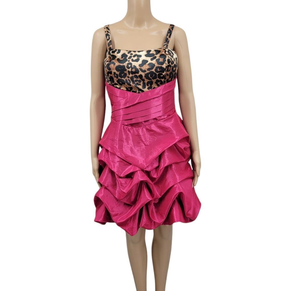 Trixxi Y2K Leopard Print and Hot Pink Ruffle Bubble Hem Teired Mini Dress Prom